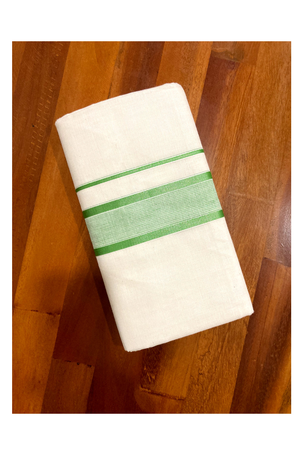 Pure Cotton Off White Double Mundu with Light Green and Silver Kasavu Border (South Indian Dhoti)