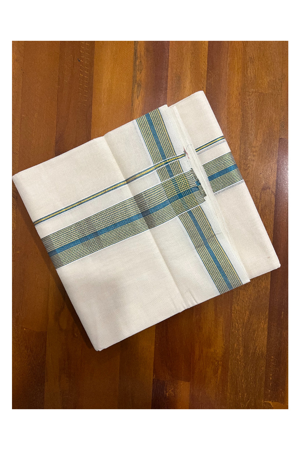 Southloom Kuthampully Handloom Pure Cotton Mundu with Golden and Teal Blue Kasavu Border (South Indian Dhoti)