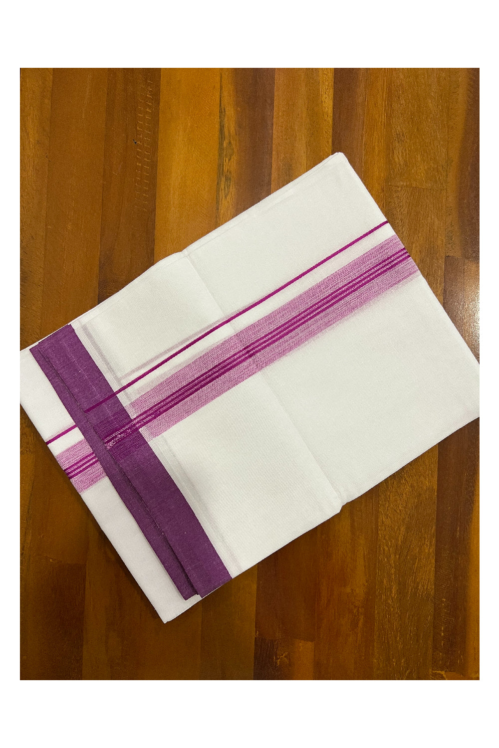 Pure White Kerala Cotton Double Mundu with Magenta Border (South Indian Dhoti)