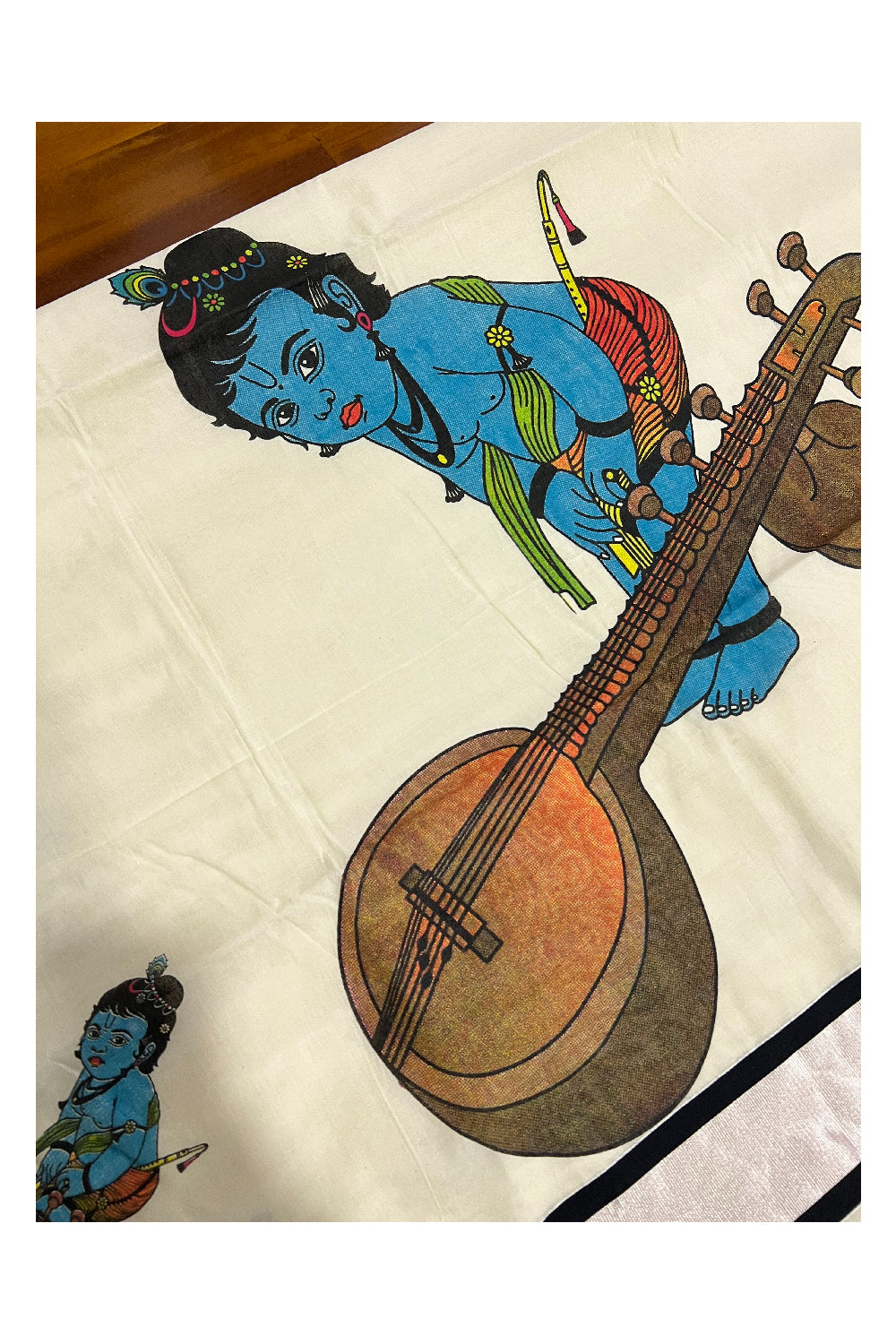 Kerala Pure Cotton Silver Kasavu Saree with Mural Baby Krishna Printed and Black Border