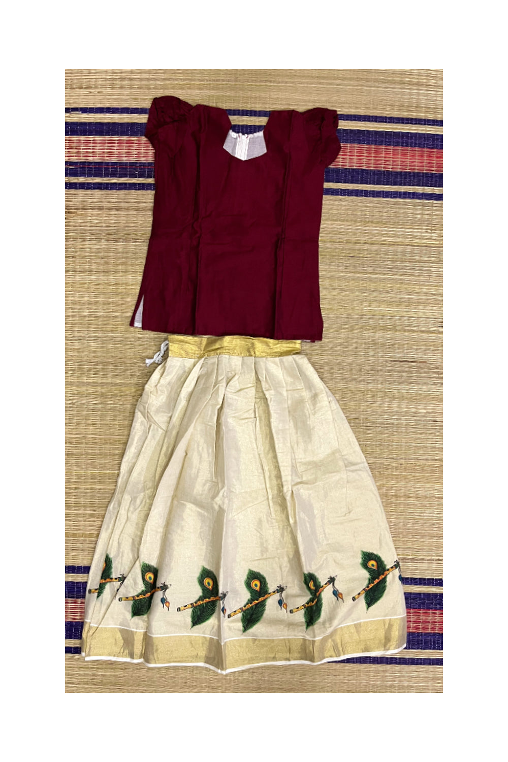 Southloom Kerala Pavada Blouse with Feather and Flute Mural Design (Age - 11 Year)