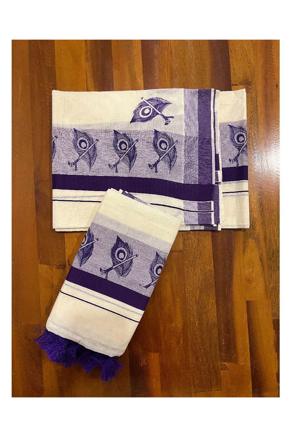 Kerala Cotton Set Mundu (Mundum Neriyathum) with Violet Feather Block Prints and Tassels Border