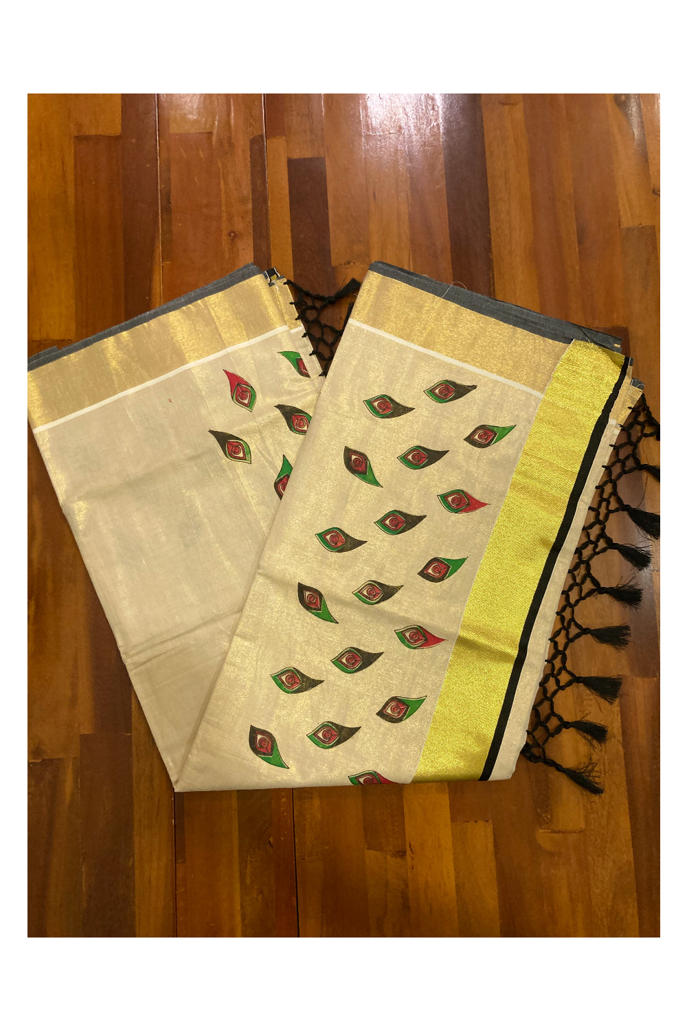 Kerala Tissue Kasavu Saree with Green Black Red Block Prints and Tassels Work