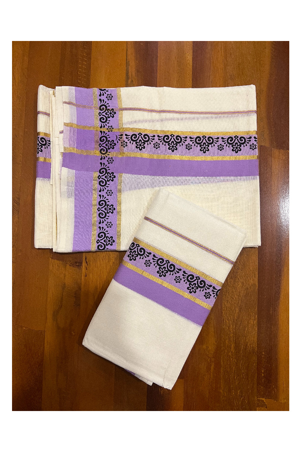 Southloom Onam 2022 Kasavu and Lavender Kara Set Mundu with Hand Block Print