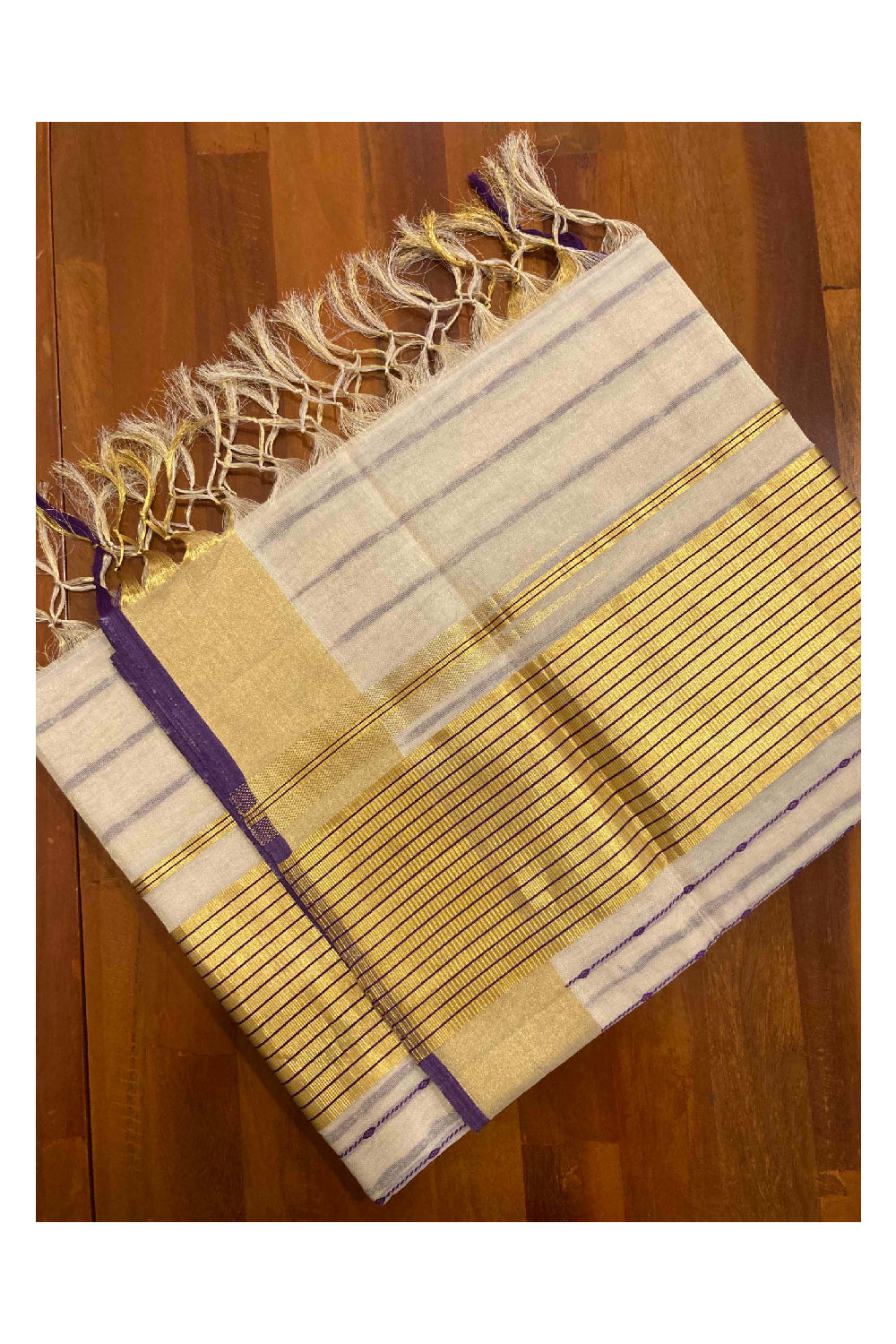 Southloom Kuthampully Handloom Tissue Saree with Kasavu and Violet Stripes Body