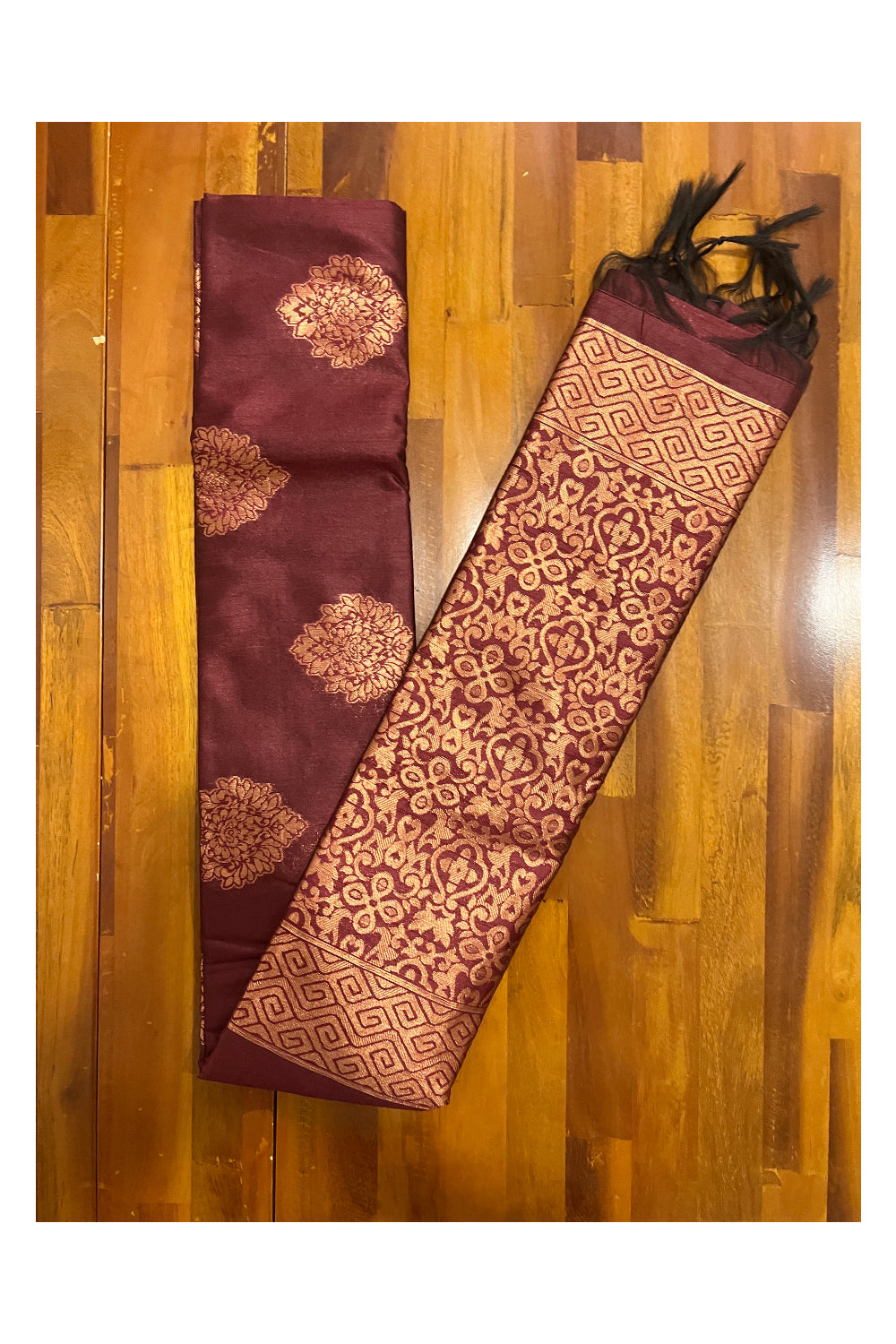 Southloom Maroon Semi Silk Designer Saree with Copper Kasavu Woven Works on Body