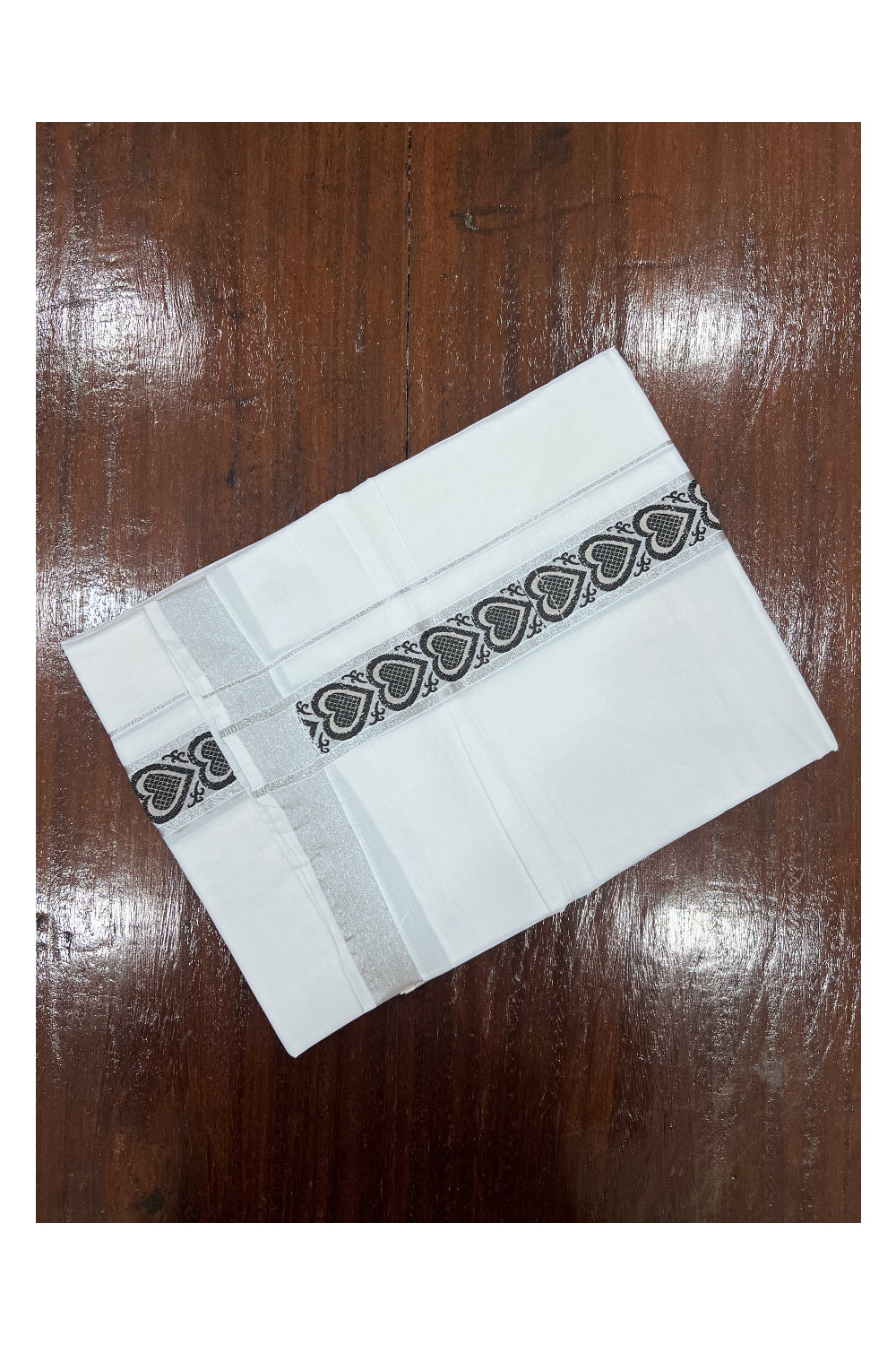 Pure White Cotton Double Mundu with Silver Kasavu and Black Woven Design Border (South Indian Dhoti)