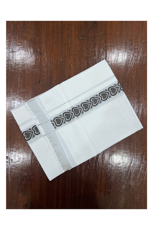 Pure White Cotton Double Mundu with Silver Kasavu and Black Woven Design Border (South Indian Dhoti)