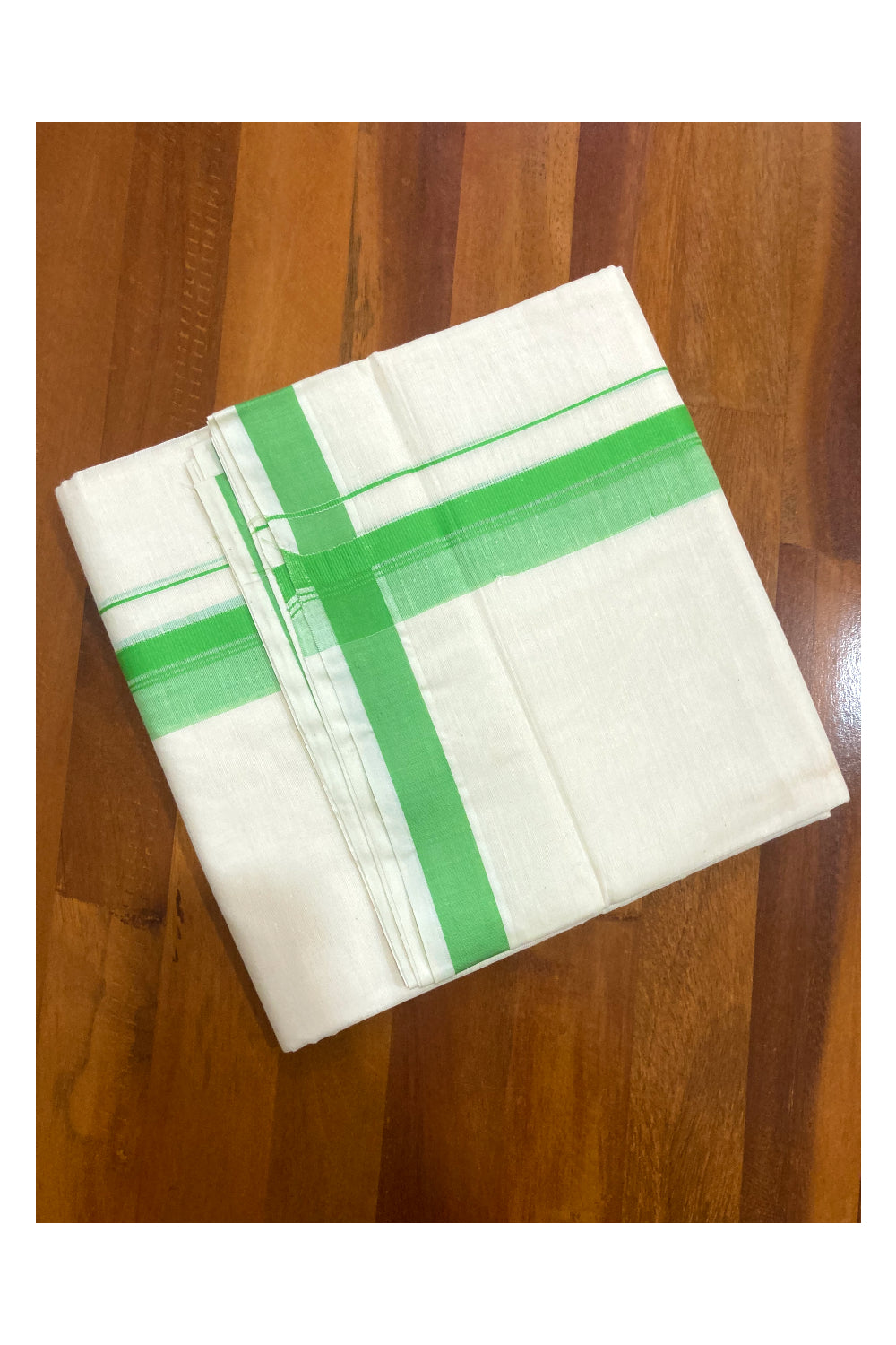 Off White Pure Cotton Double Mundu with Green Border (South Indian Dhoti)