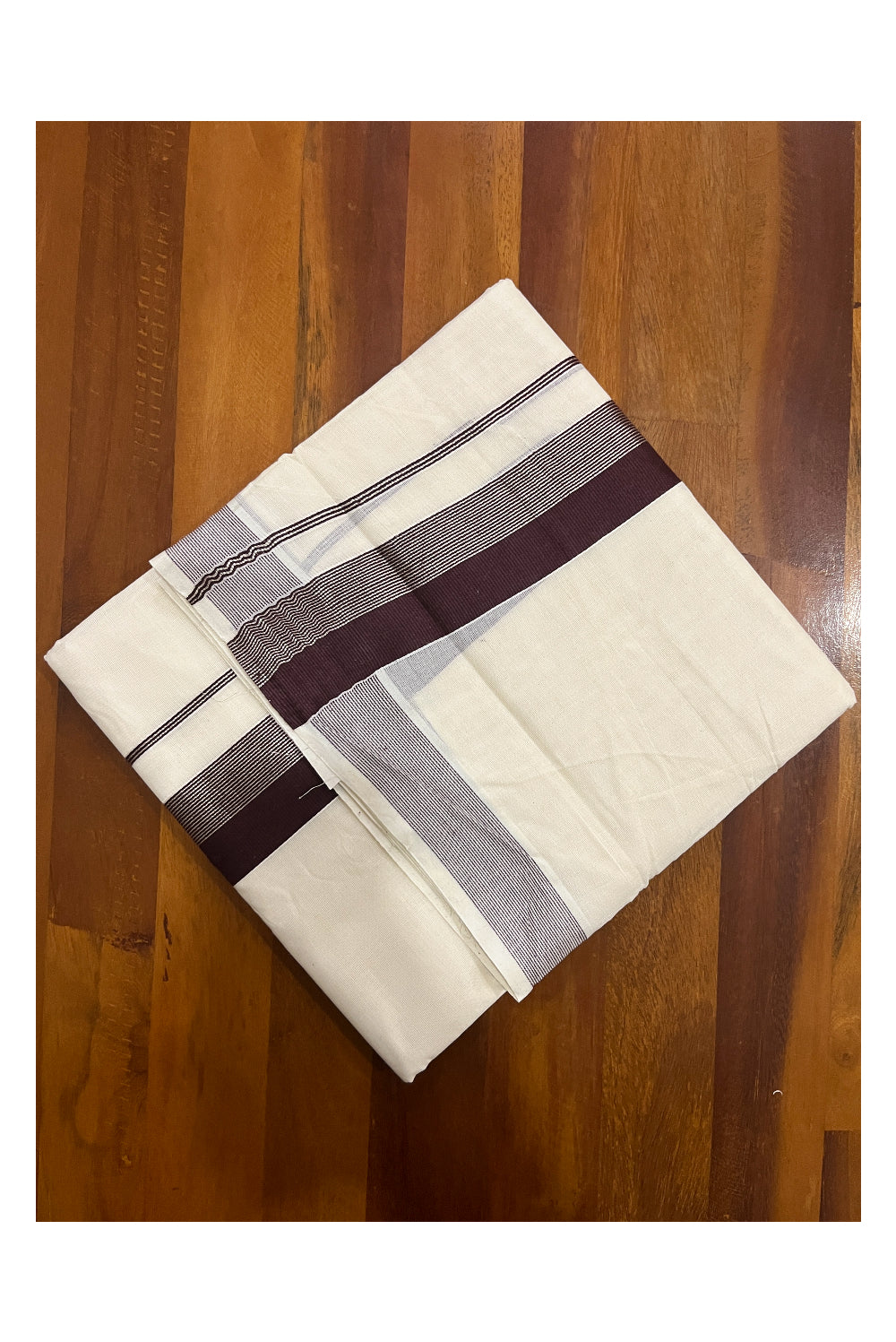 Pure Cotton Off White Double Mundu with Brown and Silver Line Kara (South Indian Dhoti)