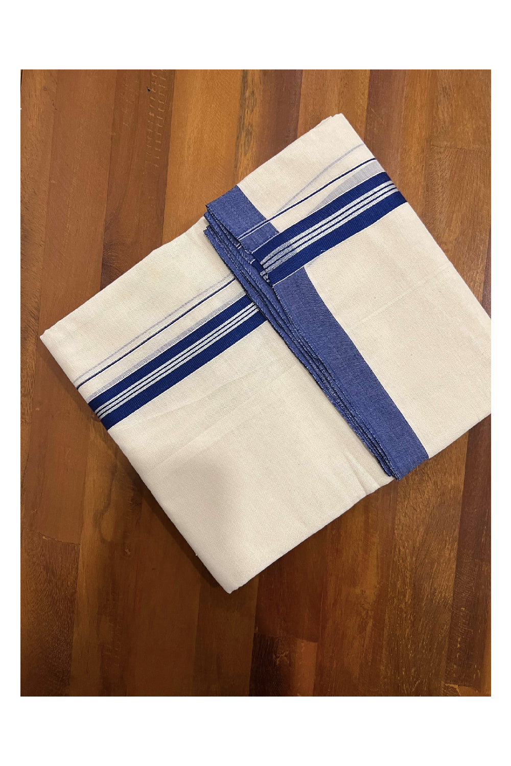 Off White Pure Cotton Double Mundu with SIlver Kasavu and Dark Blue Kara (South Indian Dhoti)