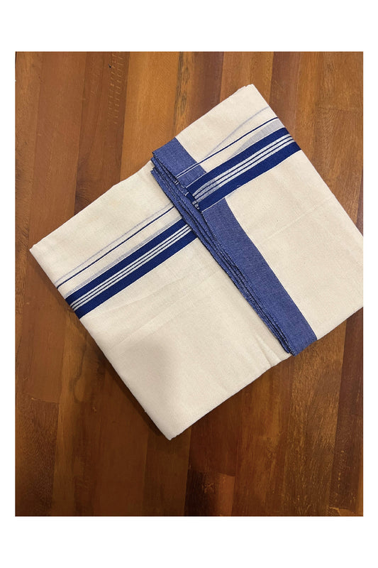 Off White Pure Cotton Double Mundu with SIlver Kasavu and Dark Blue Kara (South Indian Dhoti)