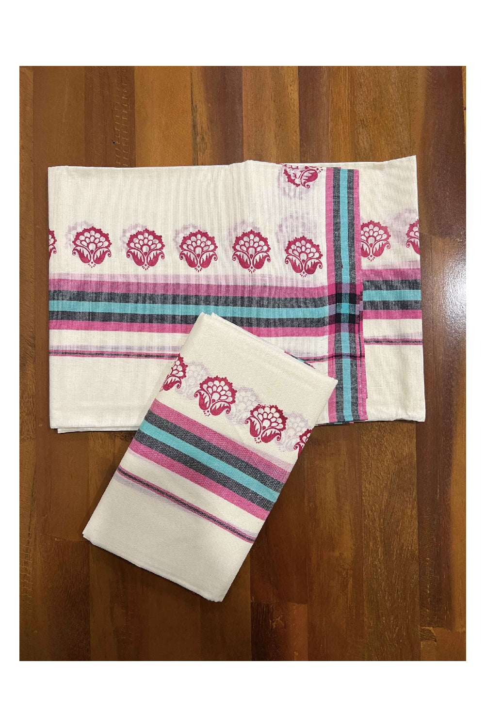 Kerala Cotton Mulloth Mundum Neriyathum Single (Set Mundu) with Pink Floral Block Print Border (Extra Soft Cotton)