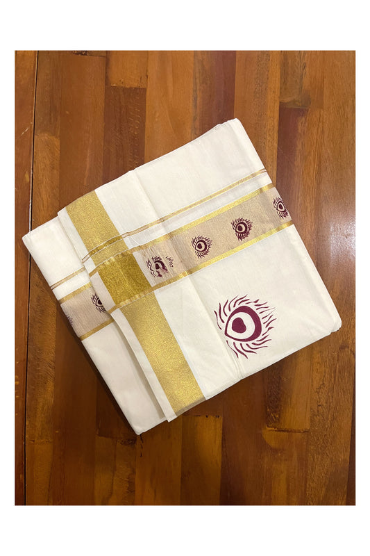 Pure Cotton Off White Double Mundu with Purple Block Prints on Kasavu Kara (South Indian Dhoti)