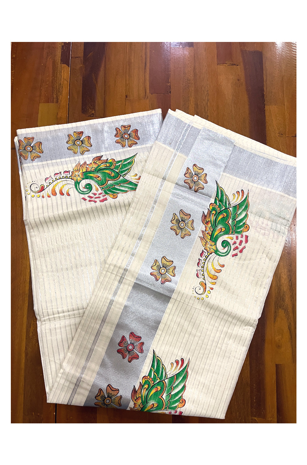 Pure Cotton Kerala Saree with Silver Lines and Mural Prints on Body