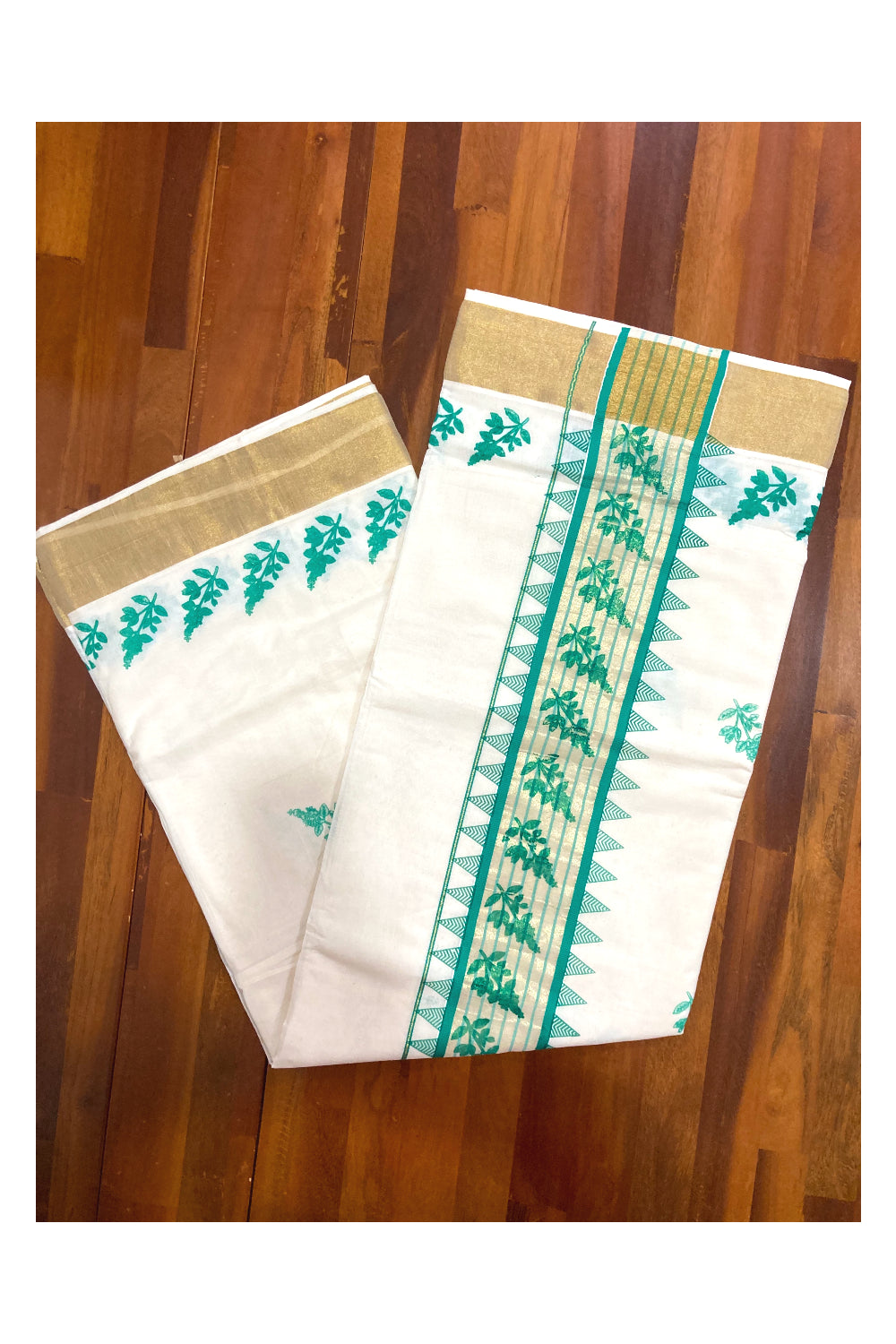 Pure Cotton Kerala Kasavu Saree with Turquoise Block Printed Design