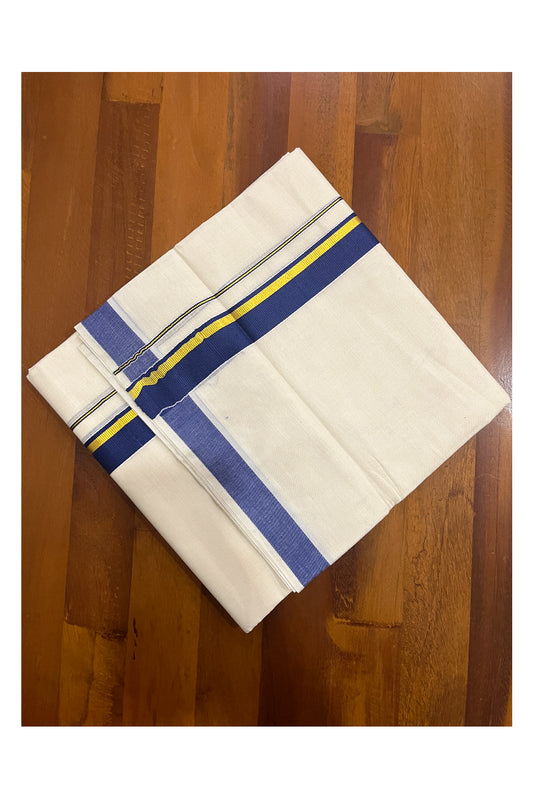 Pure Cotton Double Mundu with Blue and Kasavu Kara (South Indian Kerala Dhoti)