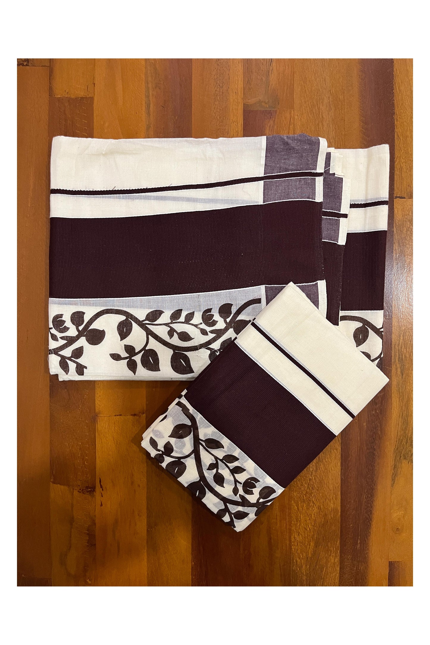 Southloom Original Design Single Set Mundu (Mundum Neriyathum Vishu 2023) with Brown Floral Vines Block Prints 2.80 Mtrs