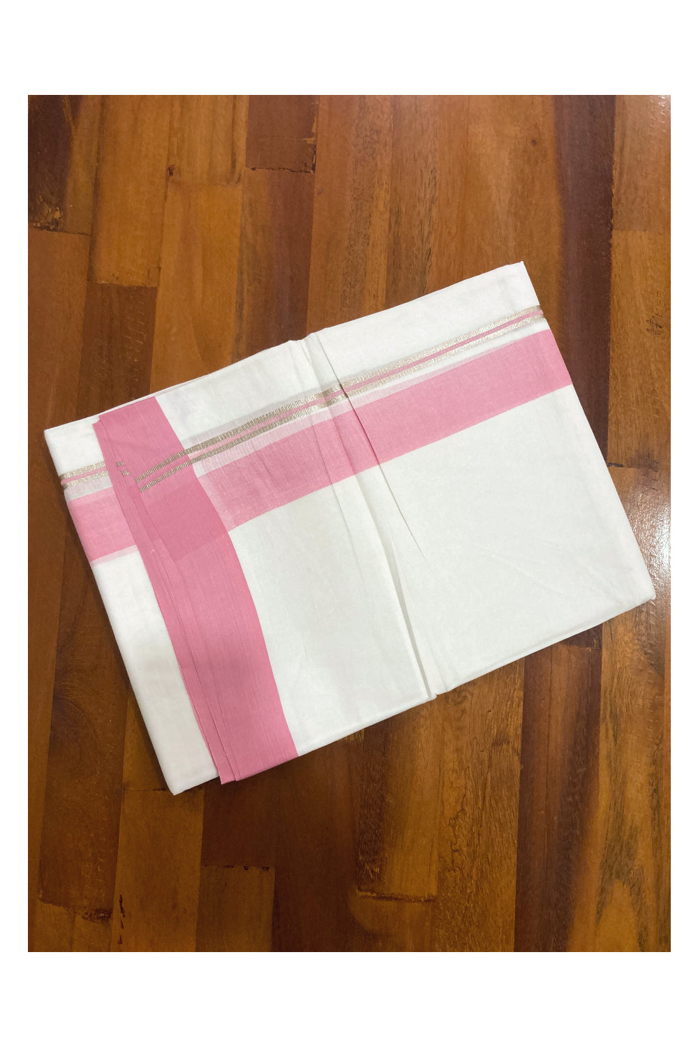 Pure White Kerala Cotton Double Mundu with Silver Kasavu and Pink Border (South Indian Dhoti)