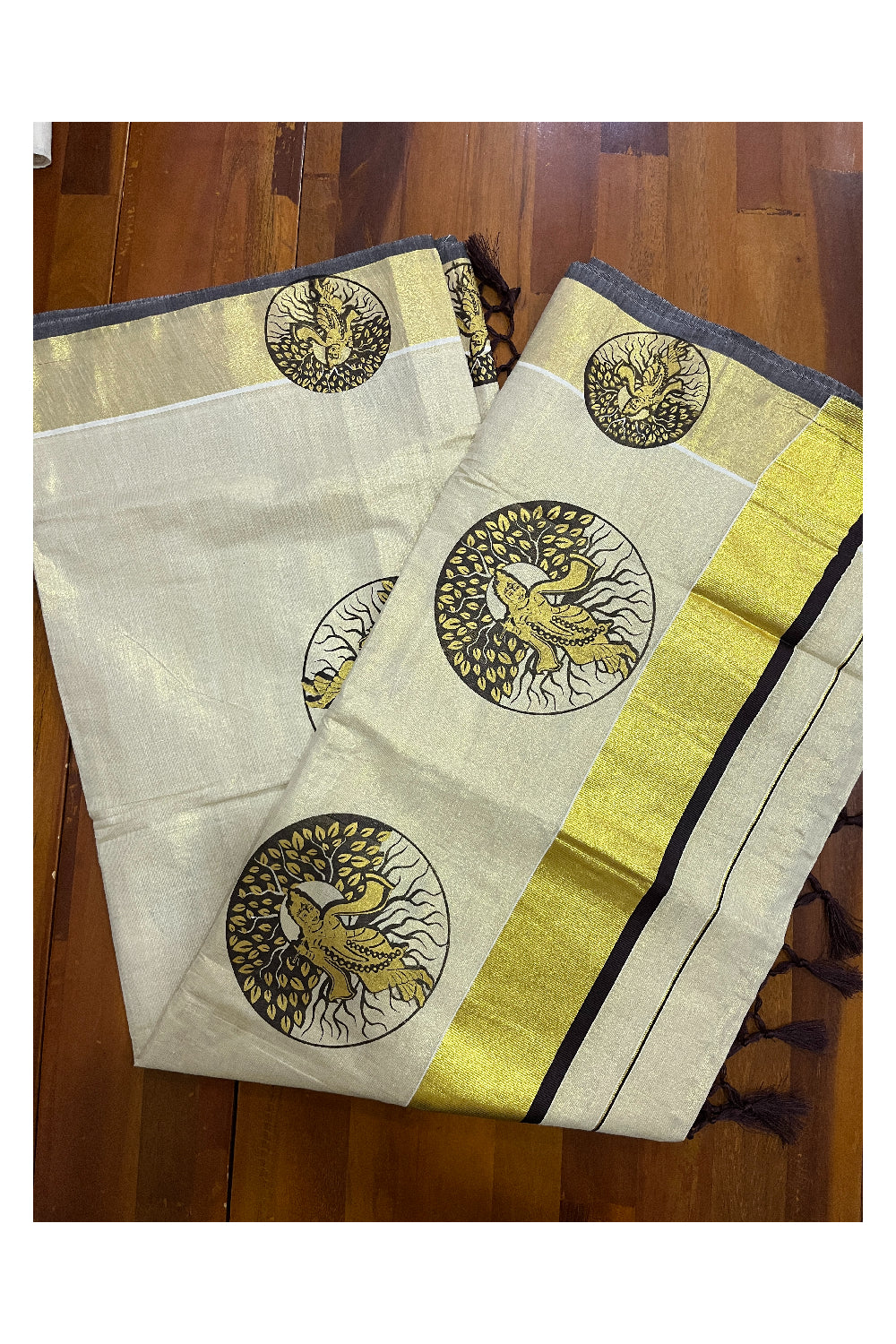 Kerala Tissue Kasavu Brown Golden Krishna Block Printed Design Saree