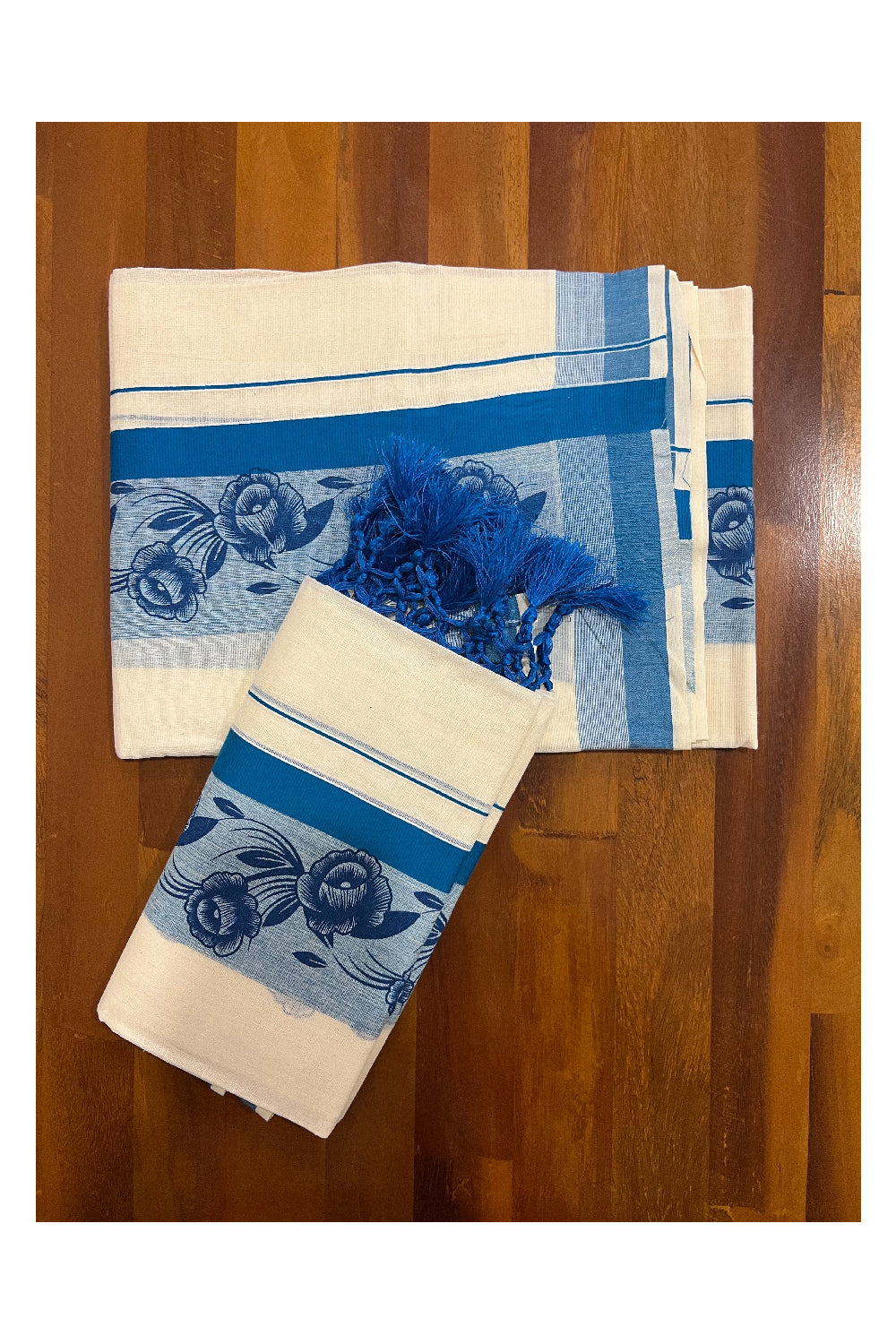 Kerala Cotton Set Mundu (Mundum Neriyathum) with Blue Floral Block Prints and Tassels Border