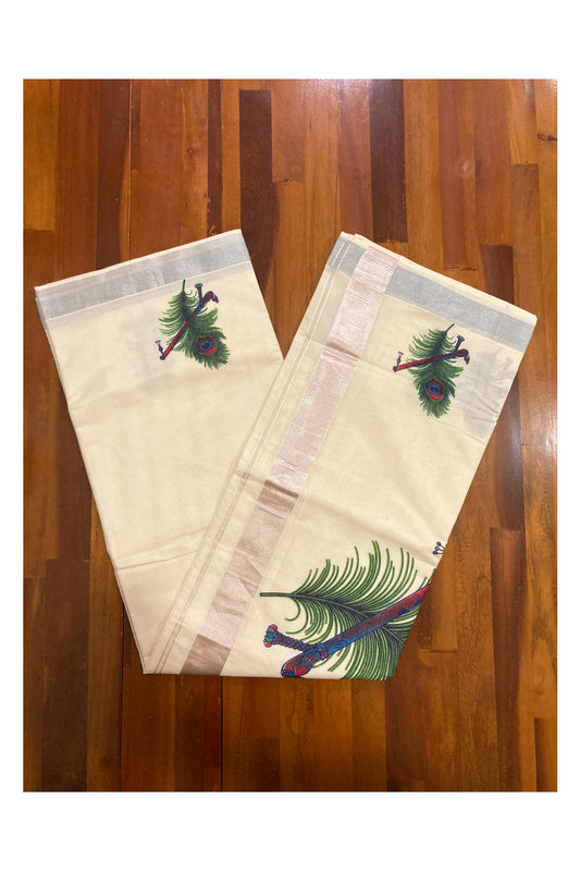 Pure Cotton Kerala Saree with Peacock Feather Mural Prints and Silver Border