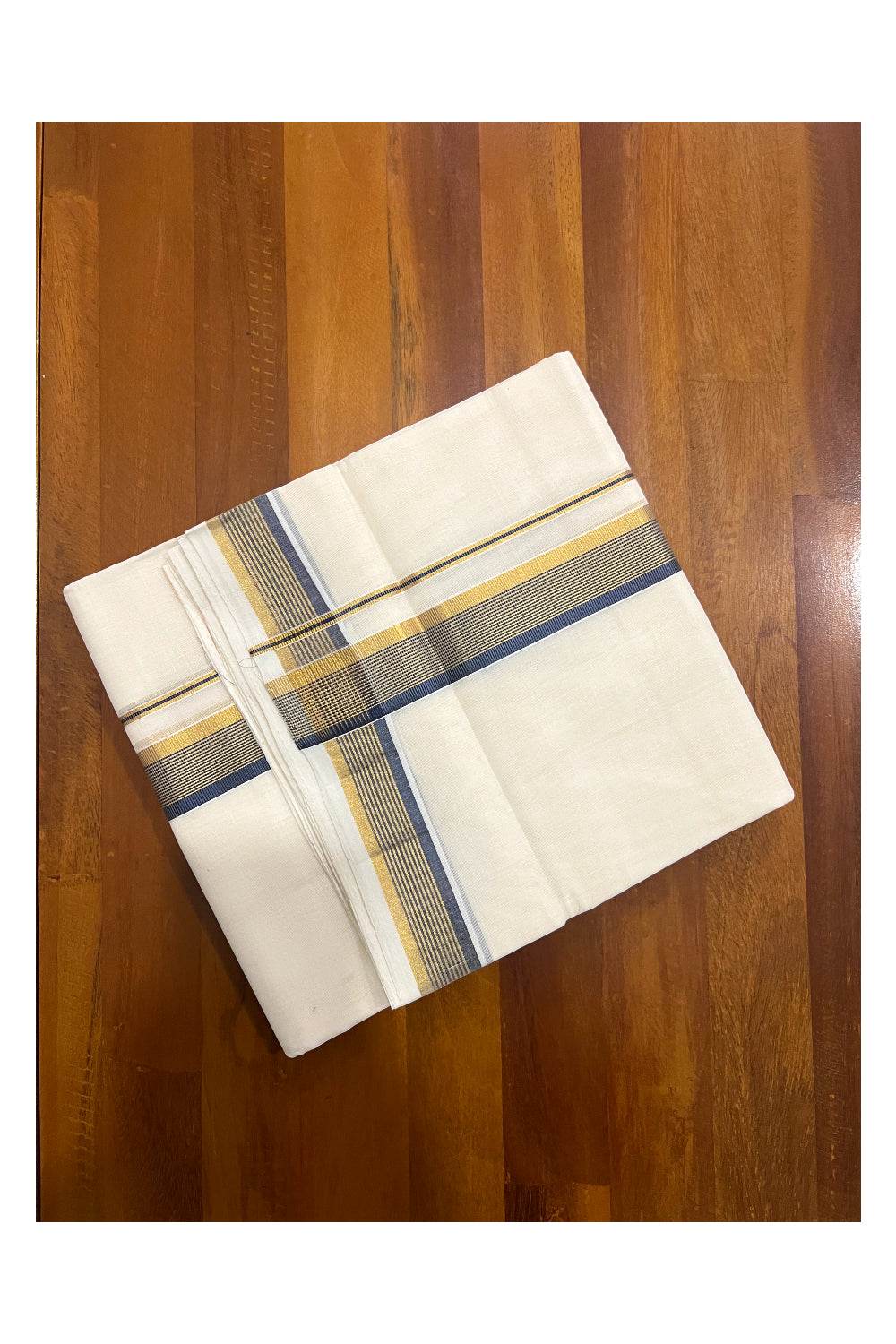 Southloom Premium Handloom Pure Cotton Mundu with Golden and Navy Blue Kasavu Border (South Indian Dhoti)