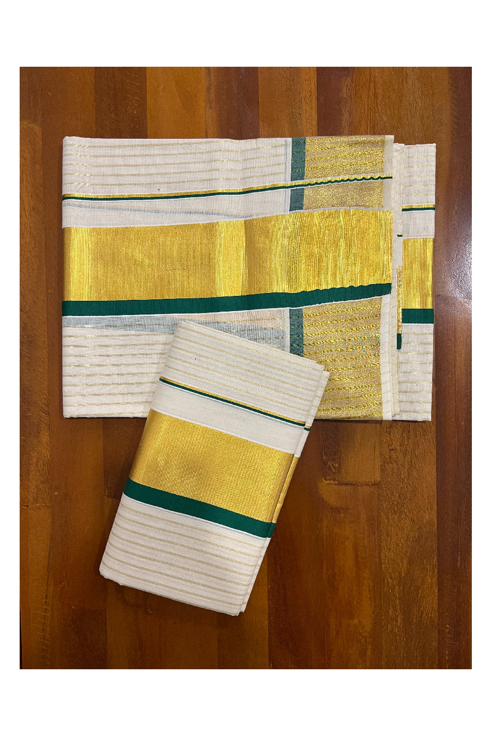 Kerala Cotton Set Mundu (Mundum Neriyathum) with Kasavu Stripes on Body and Green Border 2.80 Mtrs