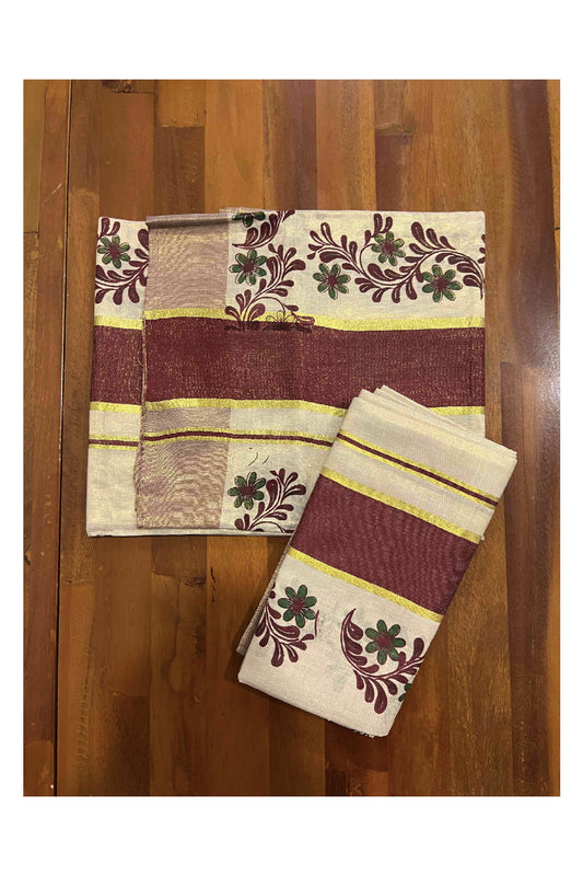 Kerala Tissue Kasavu Set Mundu (Mundum Neriyathum) with Maroon Block Printed Pallu