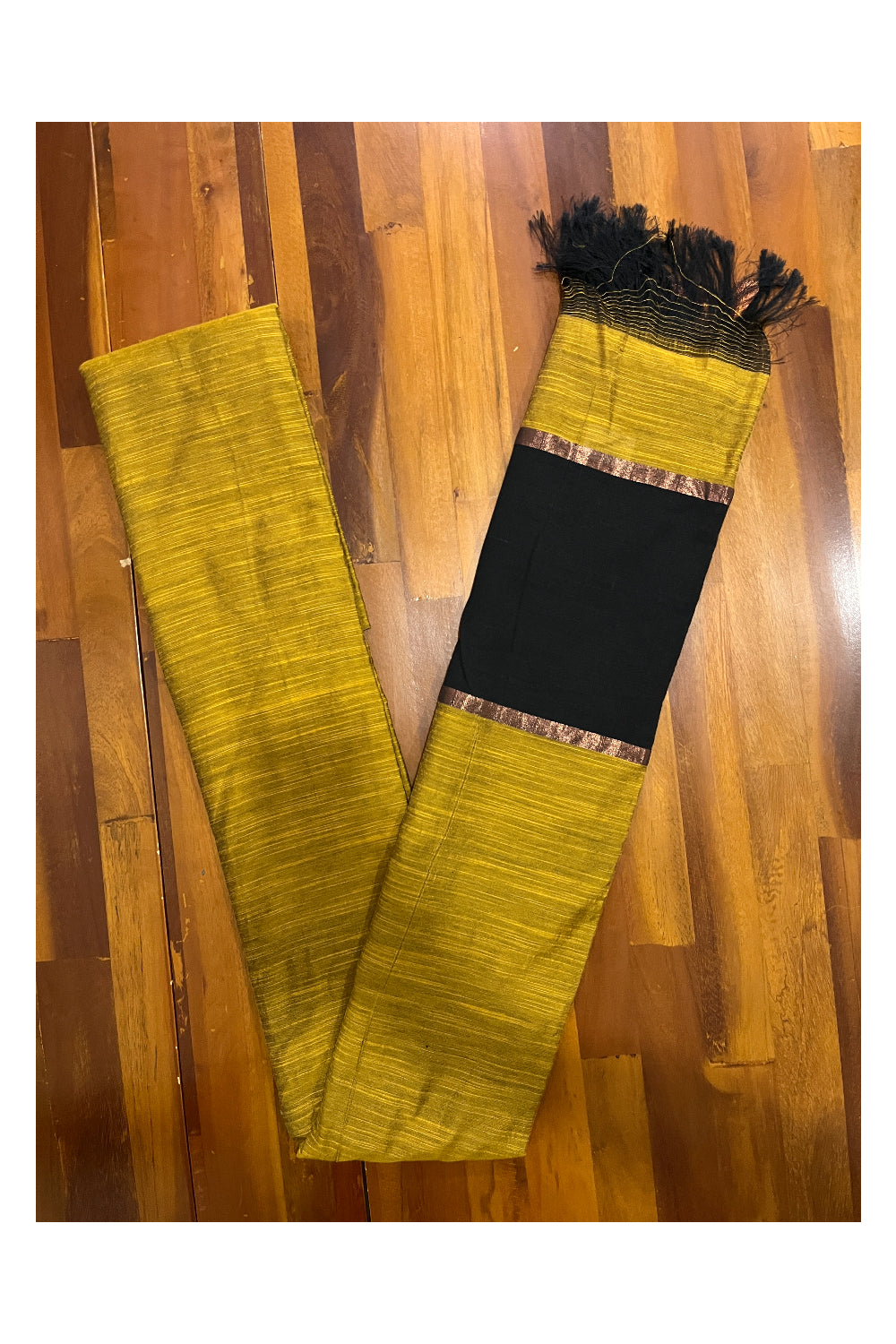 Southloom Cotton Yellow Saree with Kasavu Border and Black Running Blouse Piece