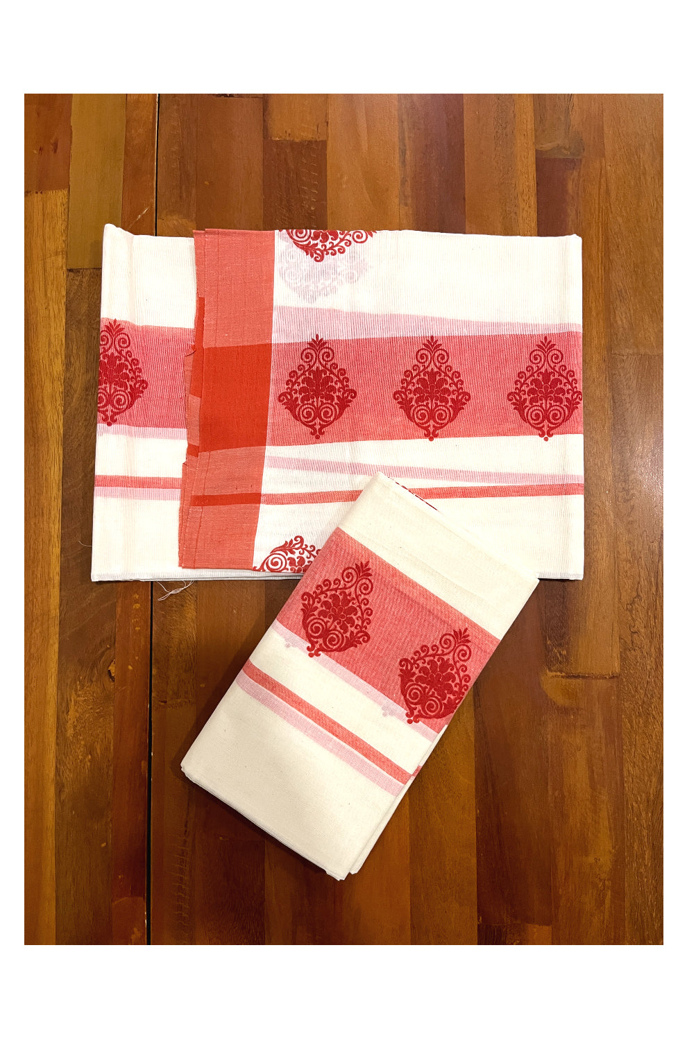 Kerala Cotton Set Mundu (Mundum Neriyathum) with Red Block Prints on Border