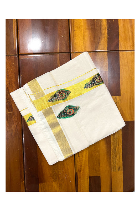 Pure Cotton Kasavu Mundu with Mural Hand Painted Peacock Feather Design (South Indian Dhoti)