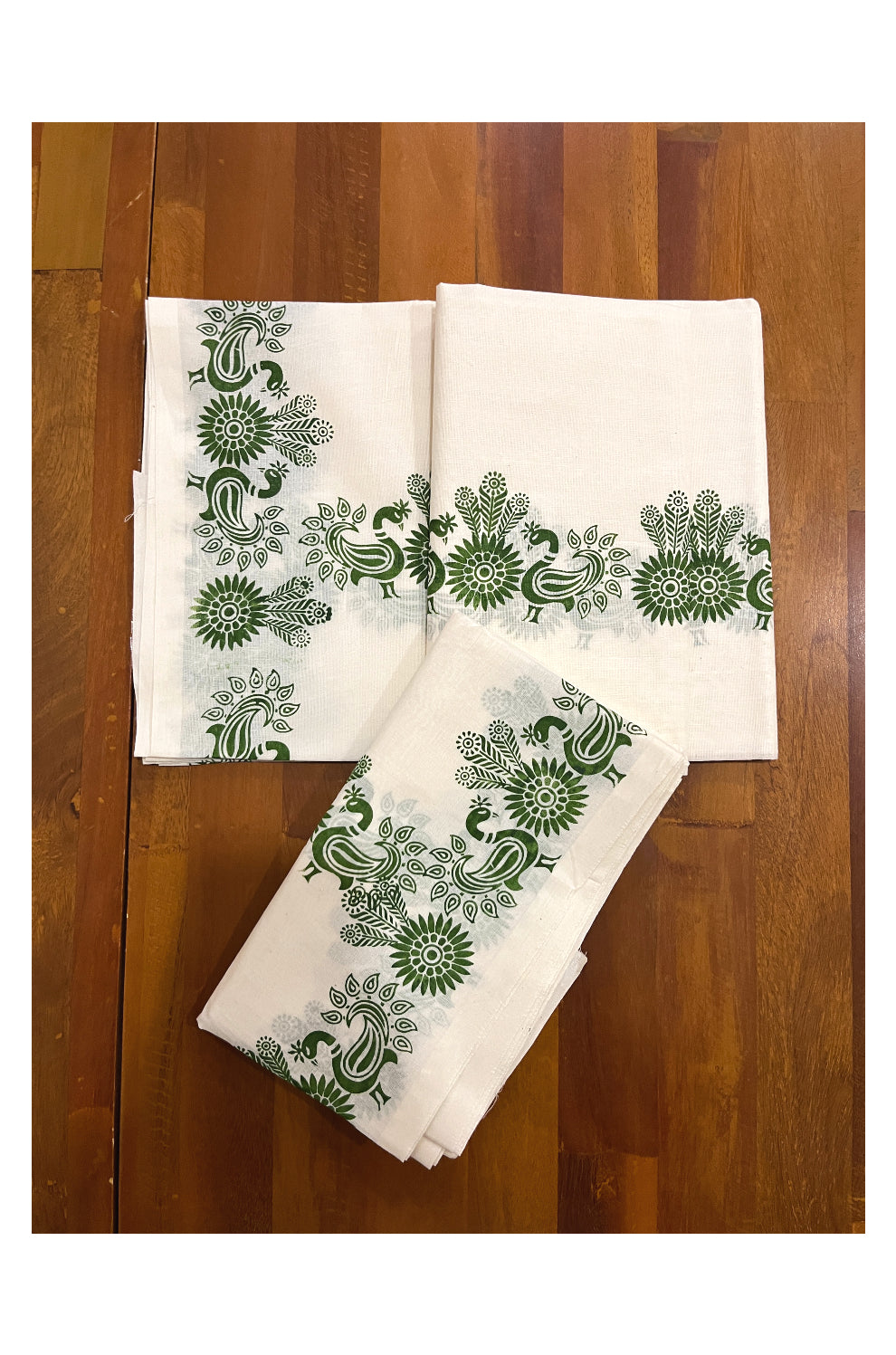 Kerala Cotton Set Mundu (Mundum Neriyathum) with Green Peacock Block Prints on Border 2.80 Mtrs