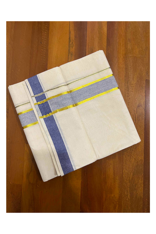 Off White Kerala Double Mundu with Kasavu and Blue Border (South Indian Dhoti)