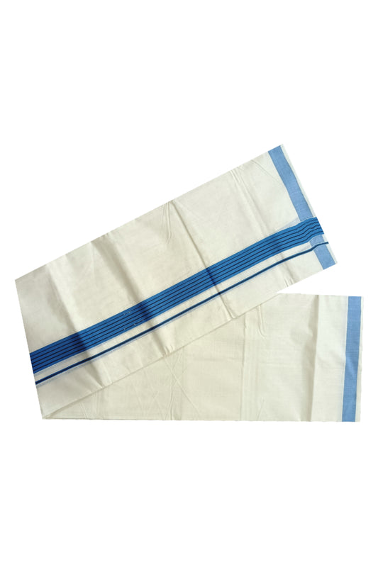 Off White Kerala Double Mundu with Black Lines on Blue Border (South Indian Dhoti)