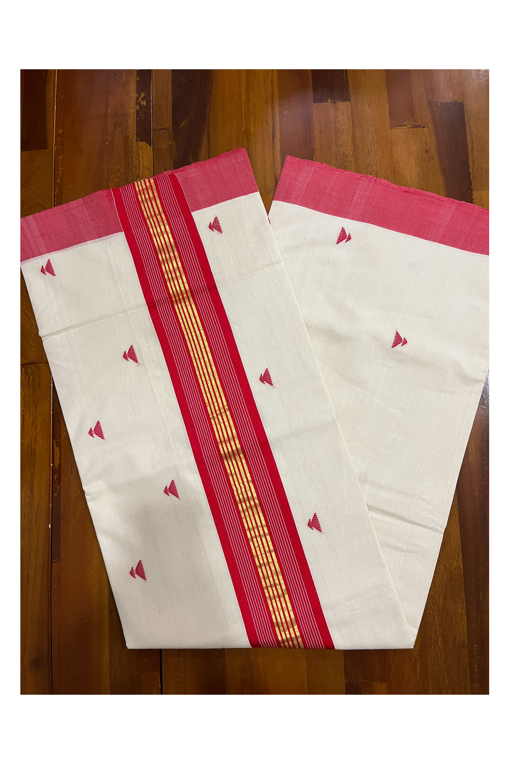 Southloom Balaramapuram Unakkupaavu Handloom Saree with Kasavu Red Pallu and Butta Works on Body