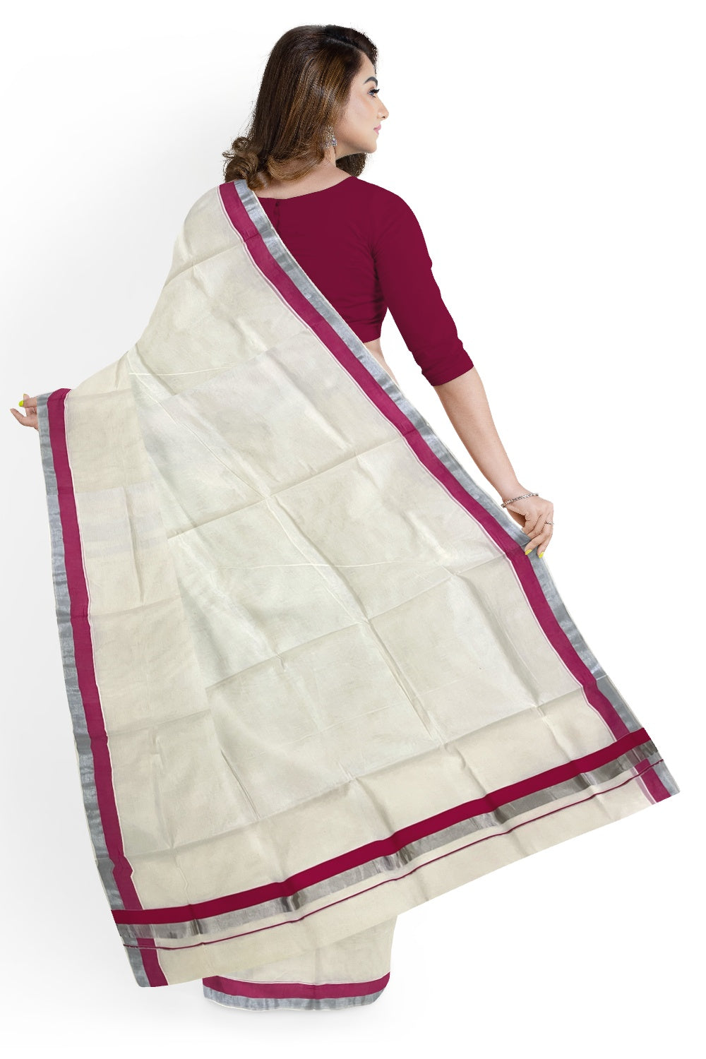 Kerala Pure Cotton Plain Saree with Silver Kasavu and Rose Border