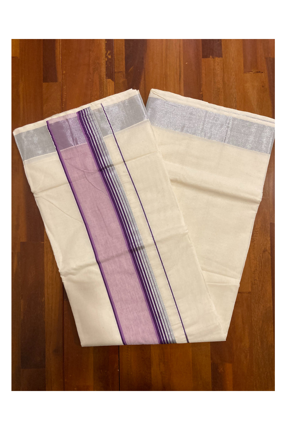 Pure Cotton Silver Kasavu Plain Saree with Purple and Violet Border