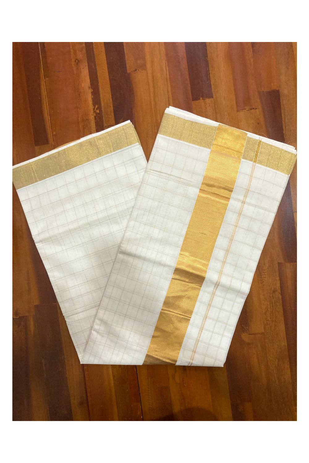 Pure Cotton Kerala Kasavu Check Design Saree with 3x2 inch Border