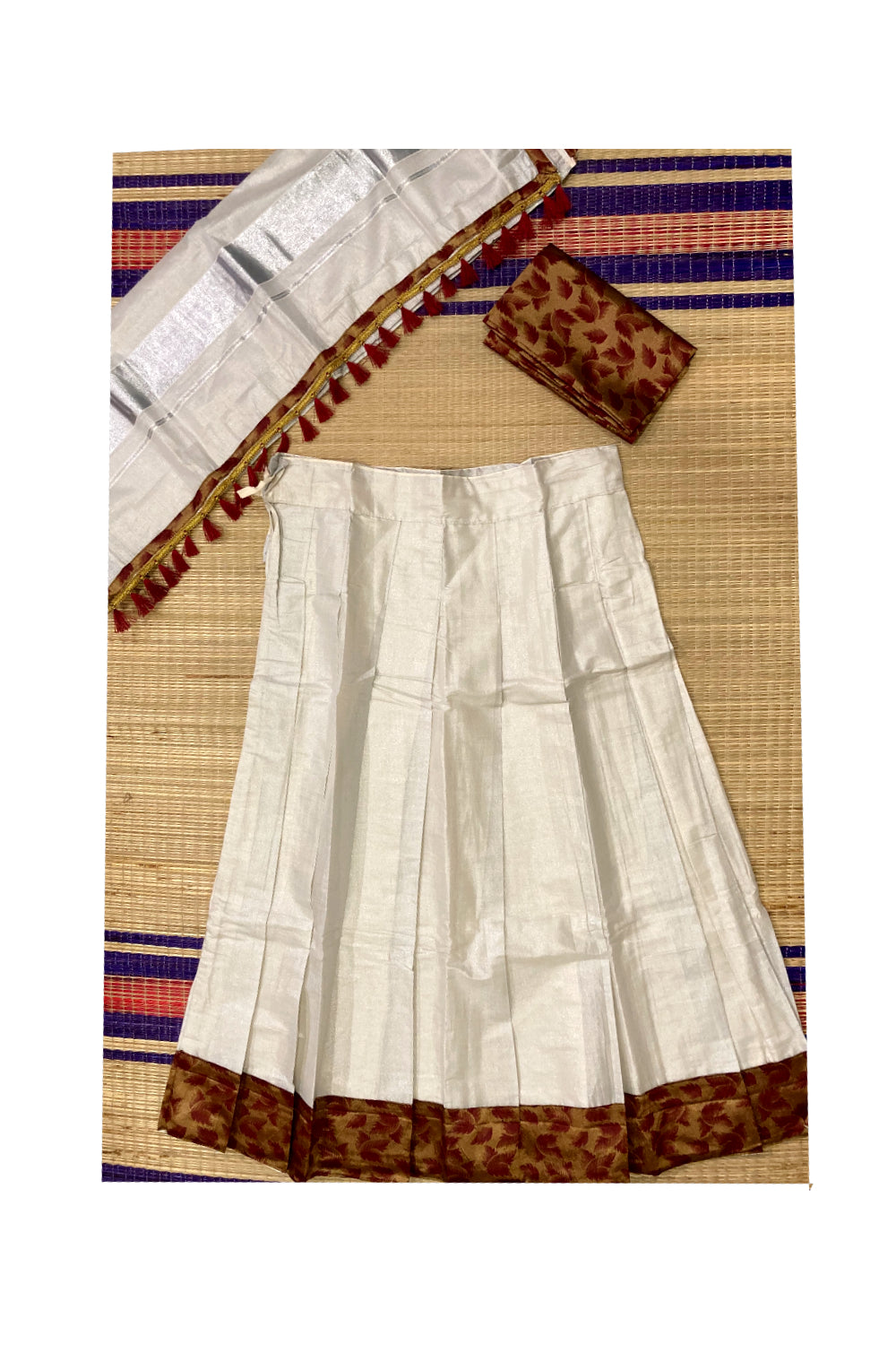 Kerala Silver Tissue Semi Stitched Dhavani Set with Brown Designer Blouse Piece