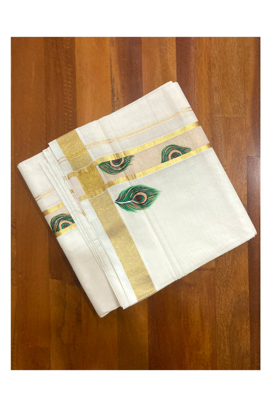 Off White Pure Cotton Double Mundu with Mural Prints on Kasavu Kara (South Indian Dhoti)