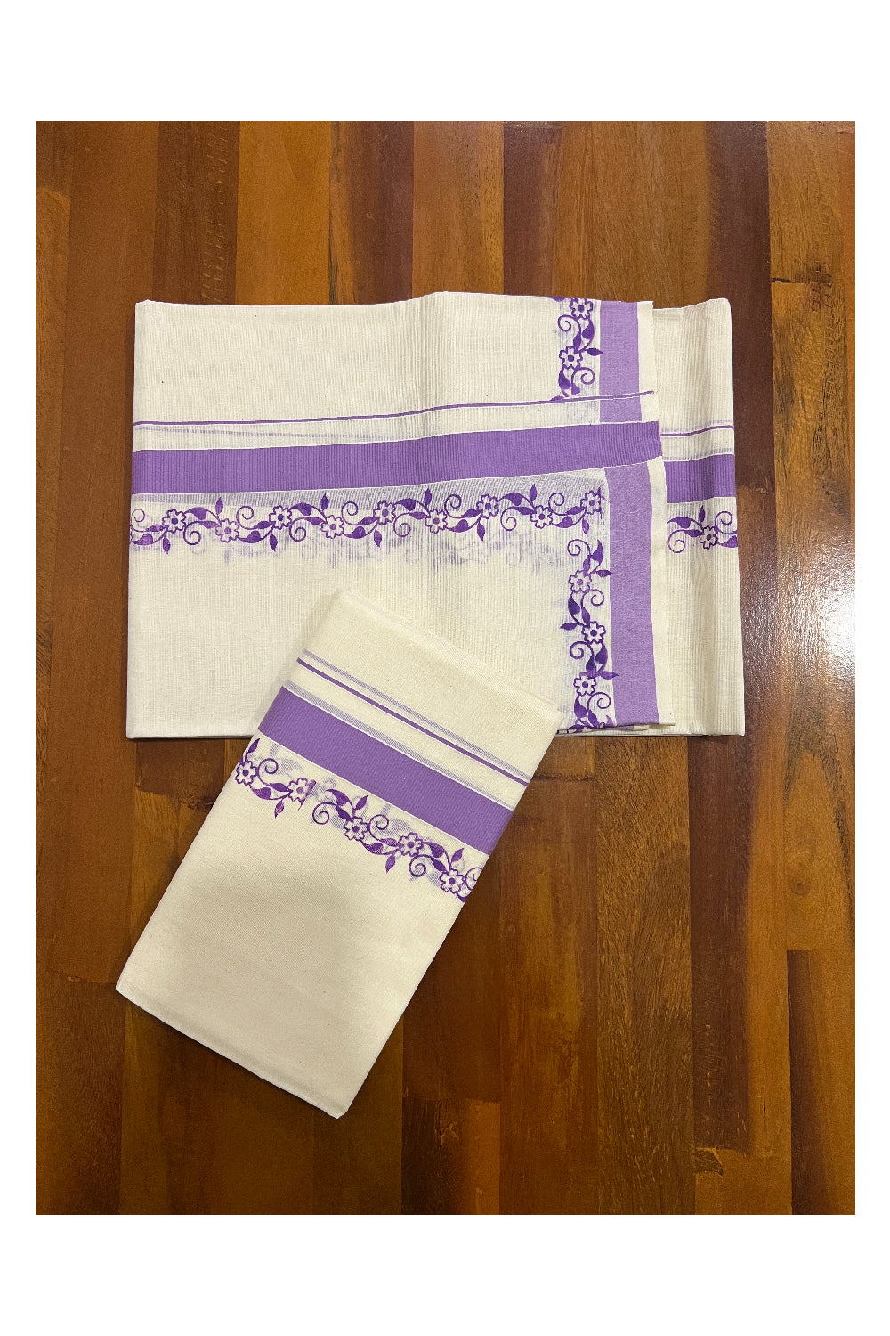 Pure Cotton Set Mundu (Mundum Neriyathum) with Violet Floral Block Prints on Border