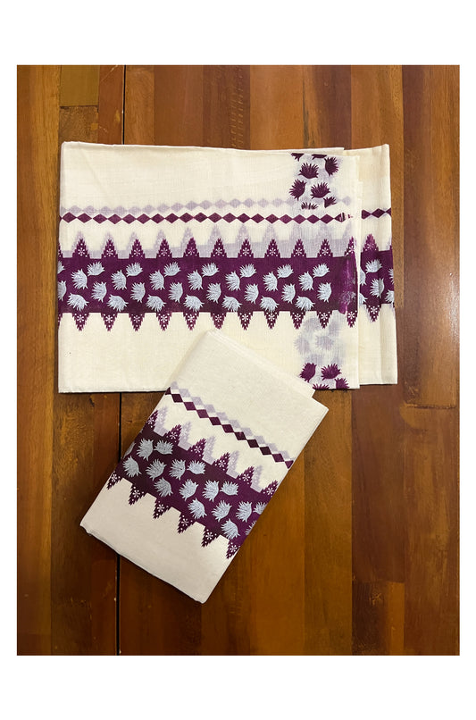 Kerala Cotton Single Set Mundu (Mundum Neriyathum) with Purple Block Prints on Border