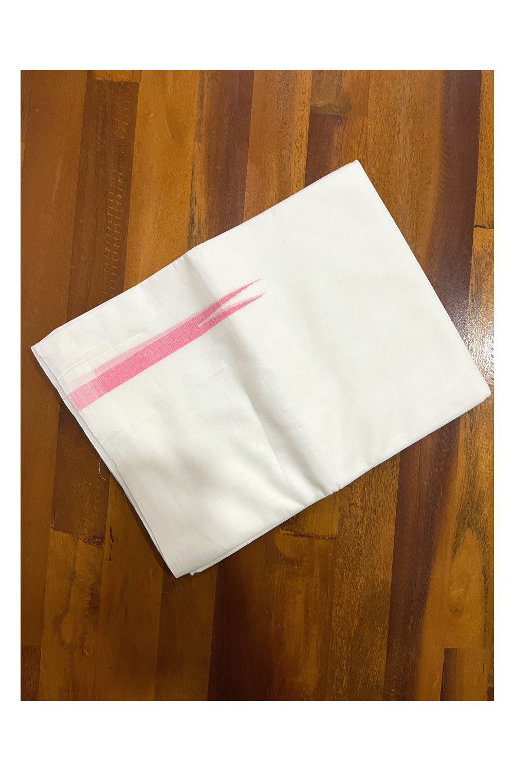 Pure White Cotton Double Borderless Mundu with Pink Chutti Design on Bottom (South Indian Dhoti)