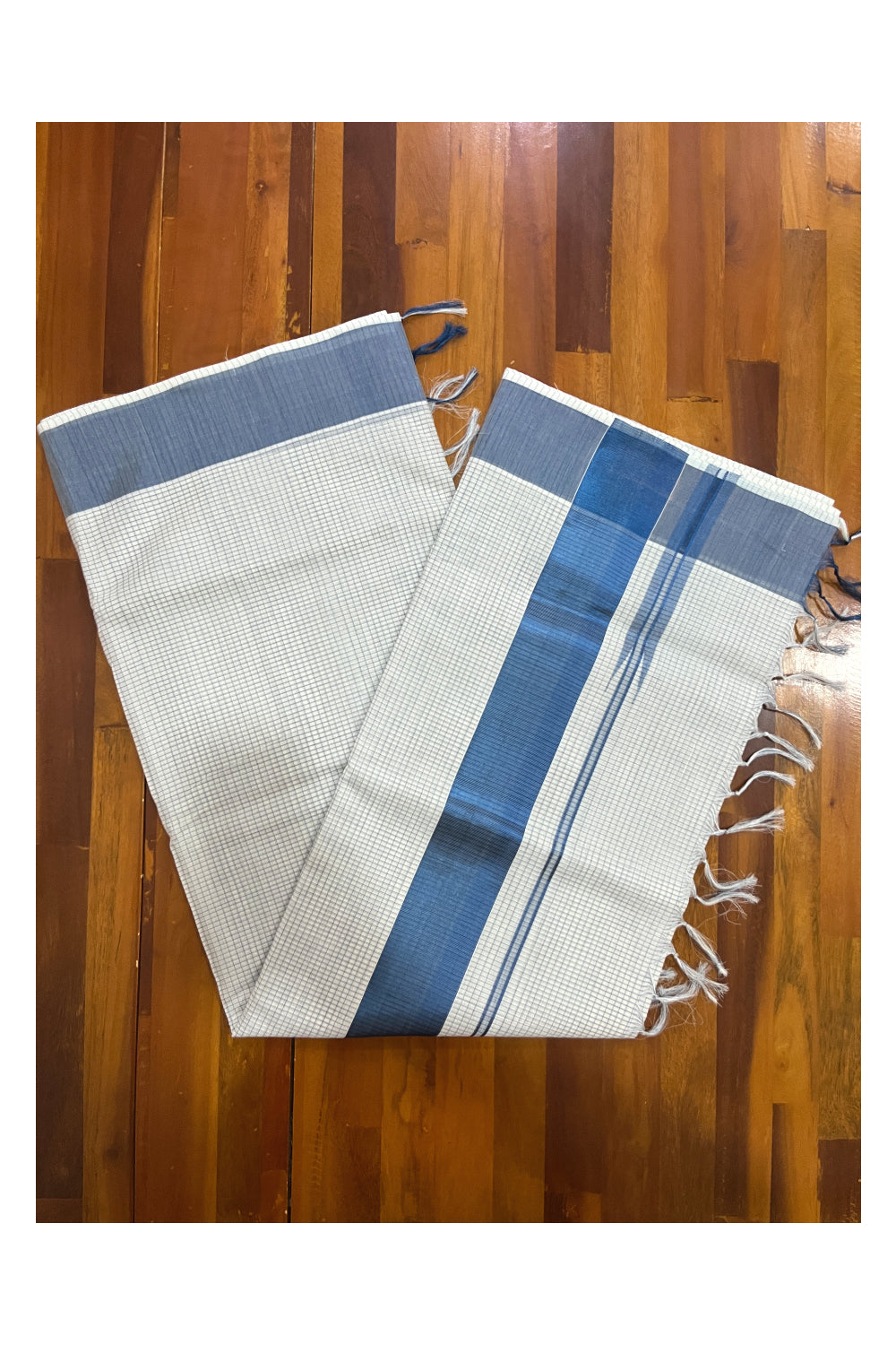 Southloom™ Handloom Kerala Premium Saree with Blue Kasavu Micro Check Design Body