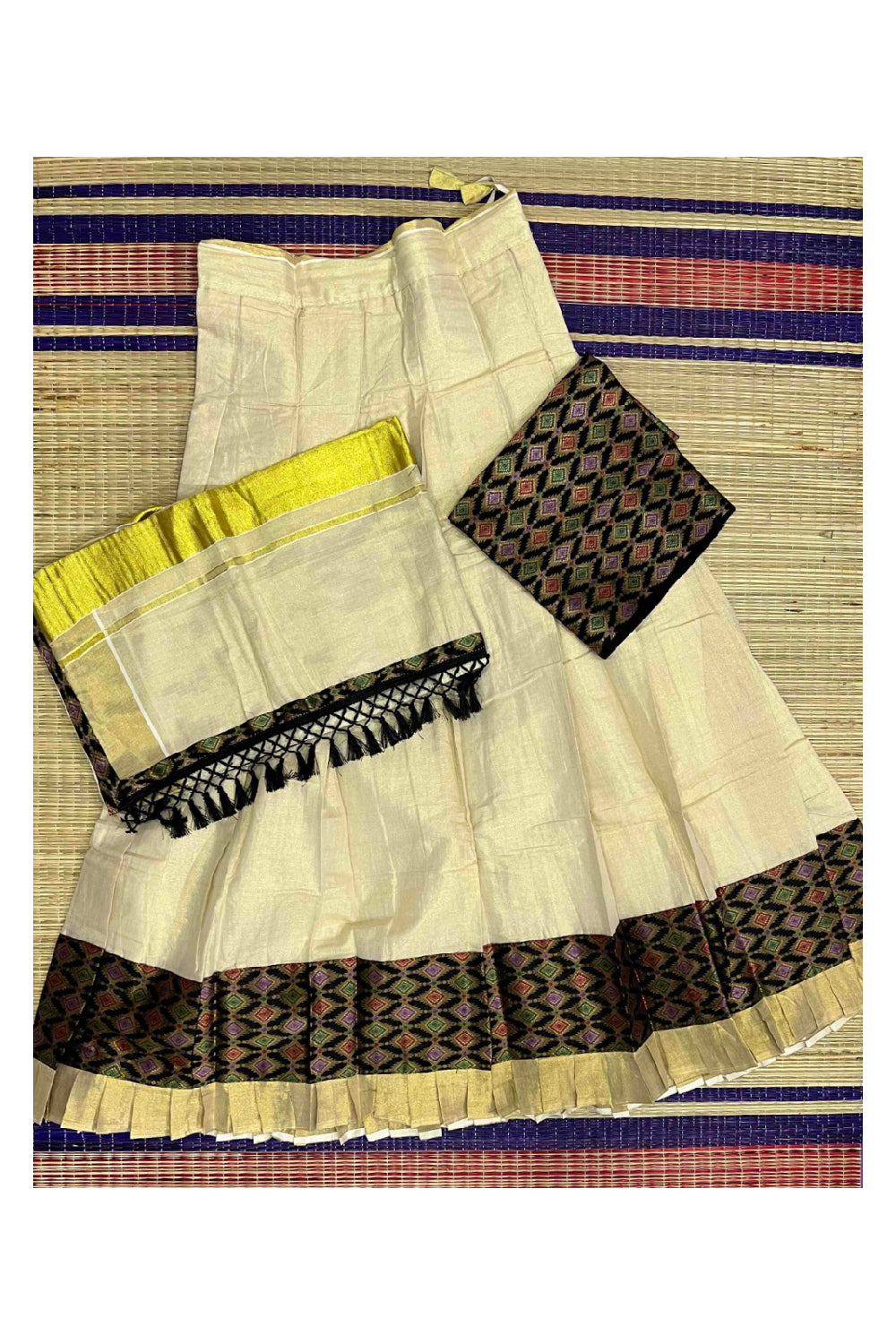 Kerala Tissue Stitched Dhavani Set with Blouse Piece and Neriyathu in with Black Accents