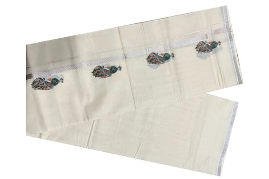 Off White Cotton Mundu with Mural Prints on Silver Kasavu Kara (South Indian Dhoti)