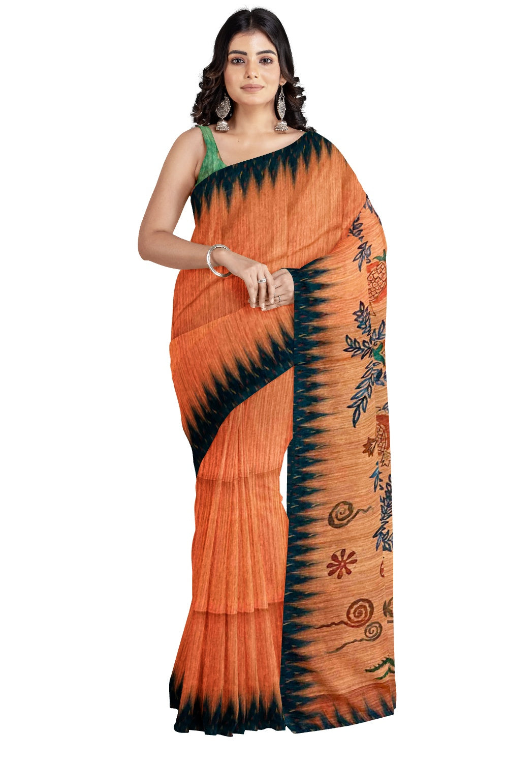 Southloom Semi Silk Orange Floral work Designer Saree