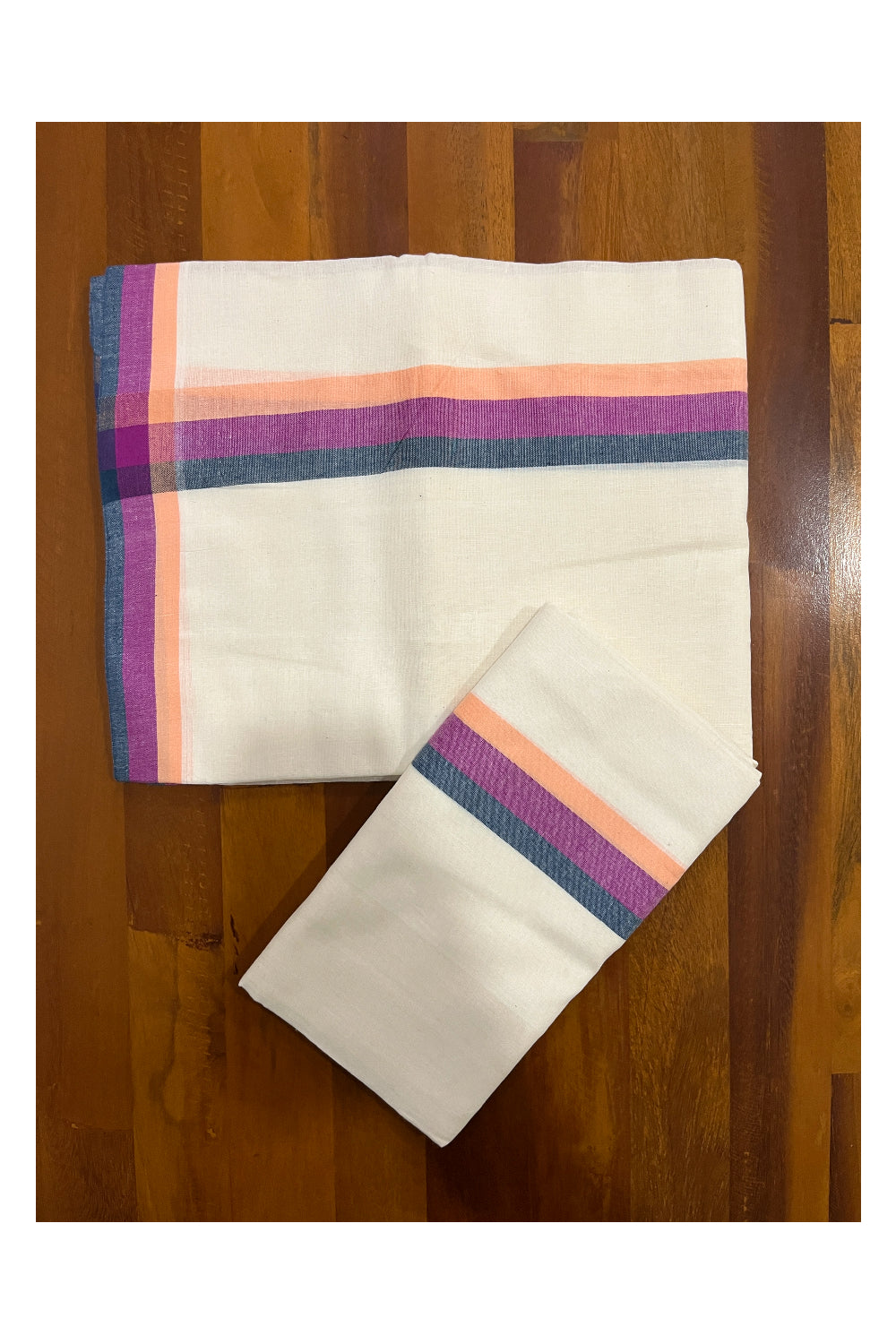 Kerala Cotton Mundum Neriyathum Single (Set Mundu) with Blue Magenta and Black Mulloth Border (Extra Soft Cotton)