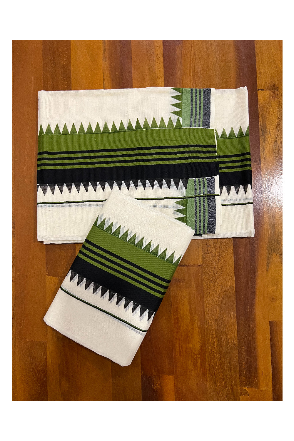 Pure Cotton Set Mundu (Mundum Neriyathum) with Dark Green and Black Temple Block Prints on Border